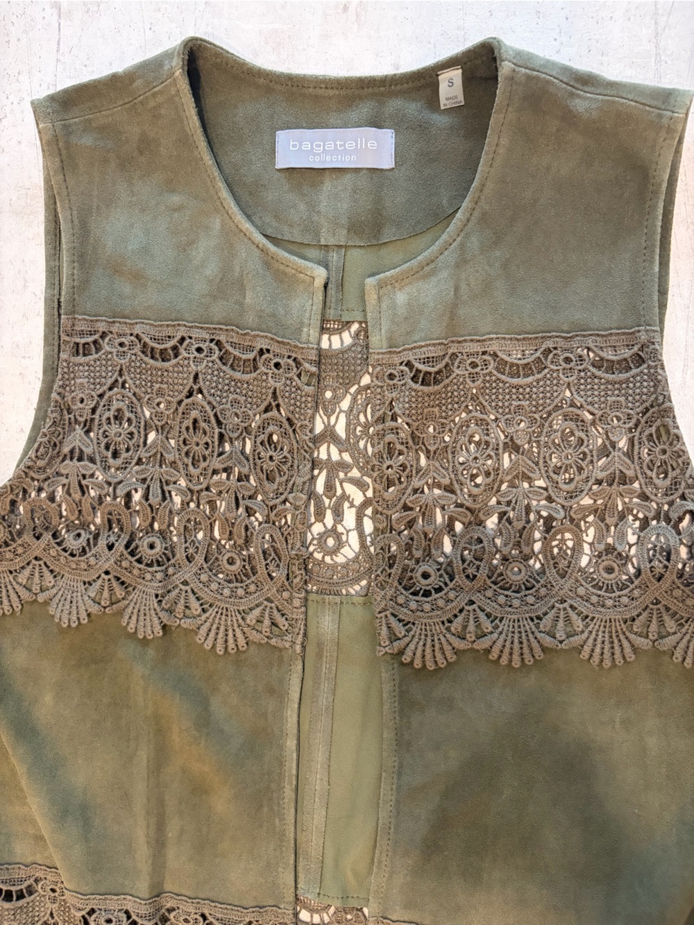 Bagatelle Collection S Olive Genuine Leather Crochet Lace Long Vest Boho Duster - Picture 8 of 10